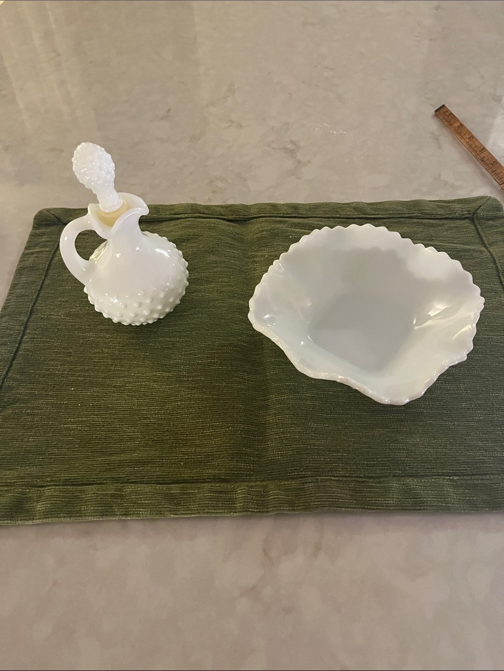 Vintage vanity accessories . Hobnail  bottle and  a trinket Dish w/ ruffled edge